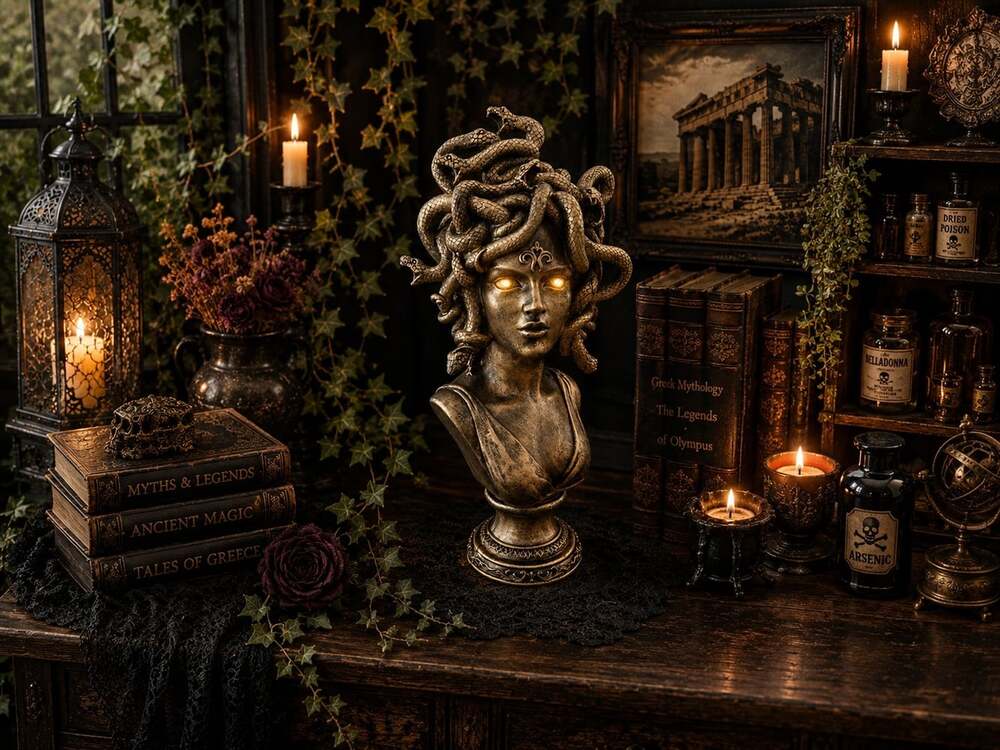 New Medussa Bronze Finish Light Up Eyes Spooky Statue Halloween Figurine Decor